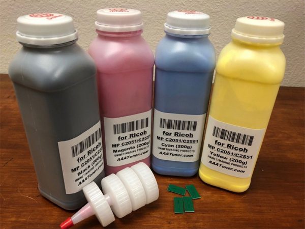 (200g each) 4 High Yield Toner Refill for Ricoh Aficio MP C2051, MP C2551 + 4 Chips