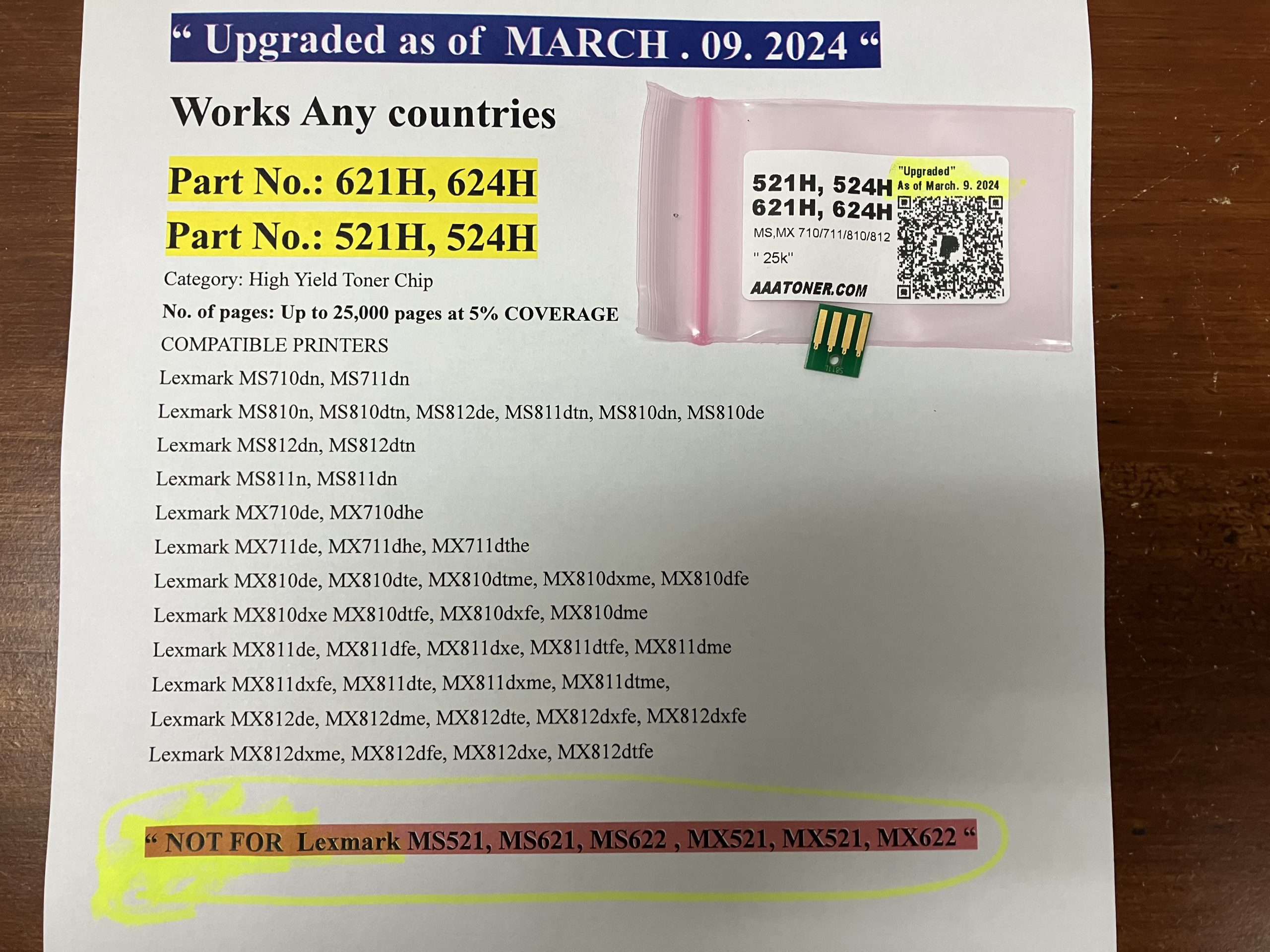 521H, 524H, 621H, 624H Toner Chip for Lexmark MS710, MX710, MS711, MX711, MS810, MX810, MS811, MX811, MS812, MX812 (25k) - Image 2