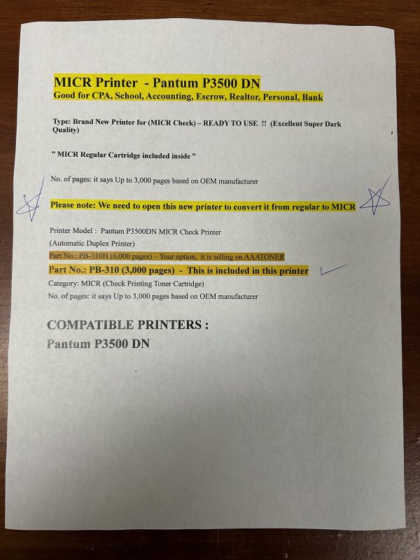 MICR Check Printer for Pantum P3500DN,  PB-310, PB-310H, PB310 Print MICR Toner Cartridge - READY TO USE !! - Image 2